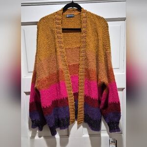 Democracy Colorblock Knit Cardigan Sweater 2X Open Front Pink Purple Mustard NWT